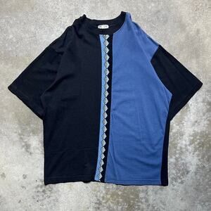 Vintage 90s Mens Large Knit Tee Shirt Blue Black USA Made Short Sleeve